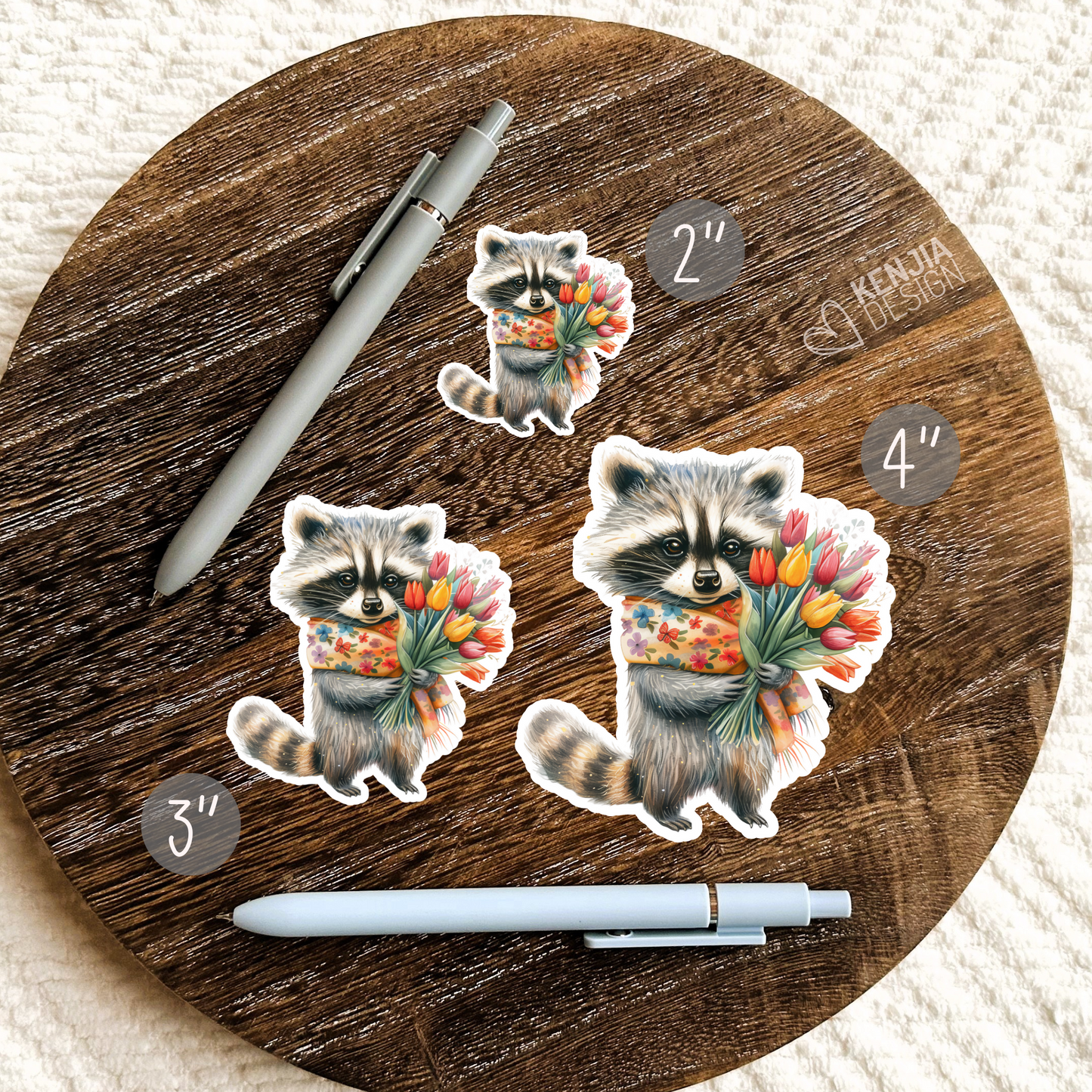 Raccoon With Summer Flowers Stickers / Watercolor Tulip Stickers / Cute Animal Sticker