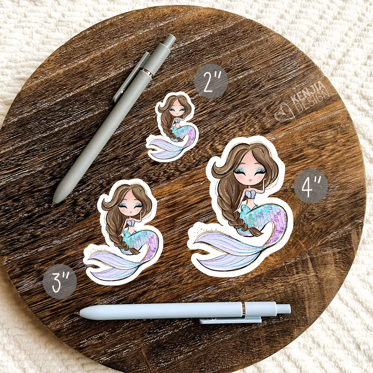 Cute Mermaid Stickers / Brown Hair / Waterproof Dishwasher Safe / Handmade Vinyl Sticker gift / For Planner, Kindle, Laptop