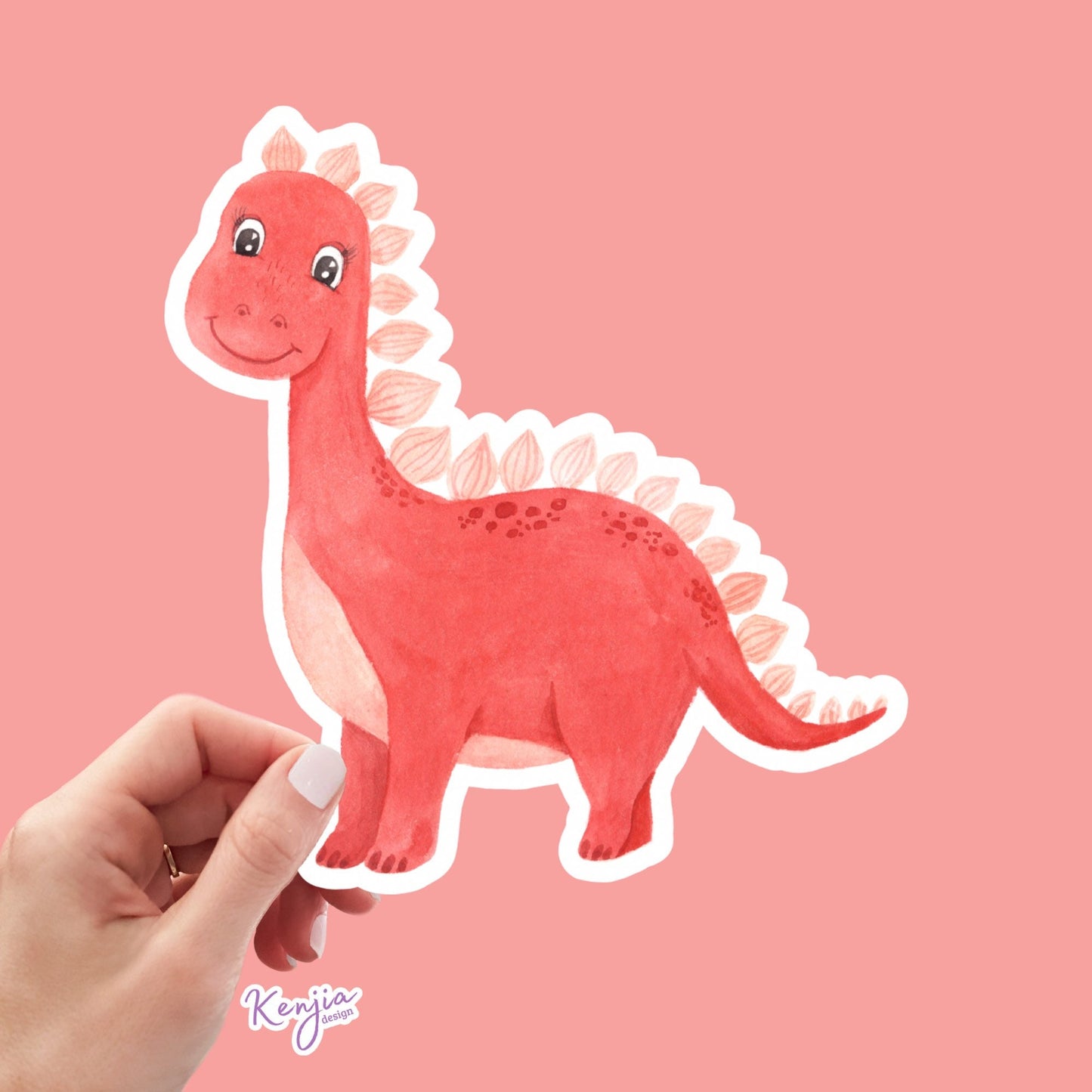 Cute Handmade Pink Dino Girl Sticker, watercolor effect, Waterproof and Dishwasher Safe Vinyl Sticker for gift, planner, book, laptop
