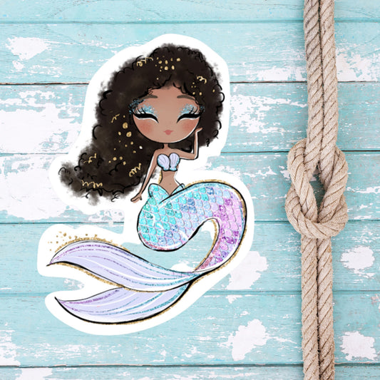 Black Mermaid Sticker with Brown Hair, Cute Girly sticker, Waterproof Dishwasher Safe Handmade Vinyl Sticker gift, planner, laptop stickers
