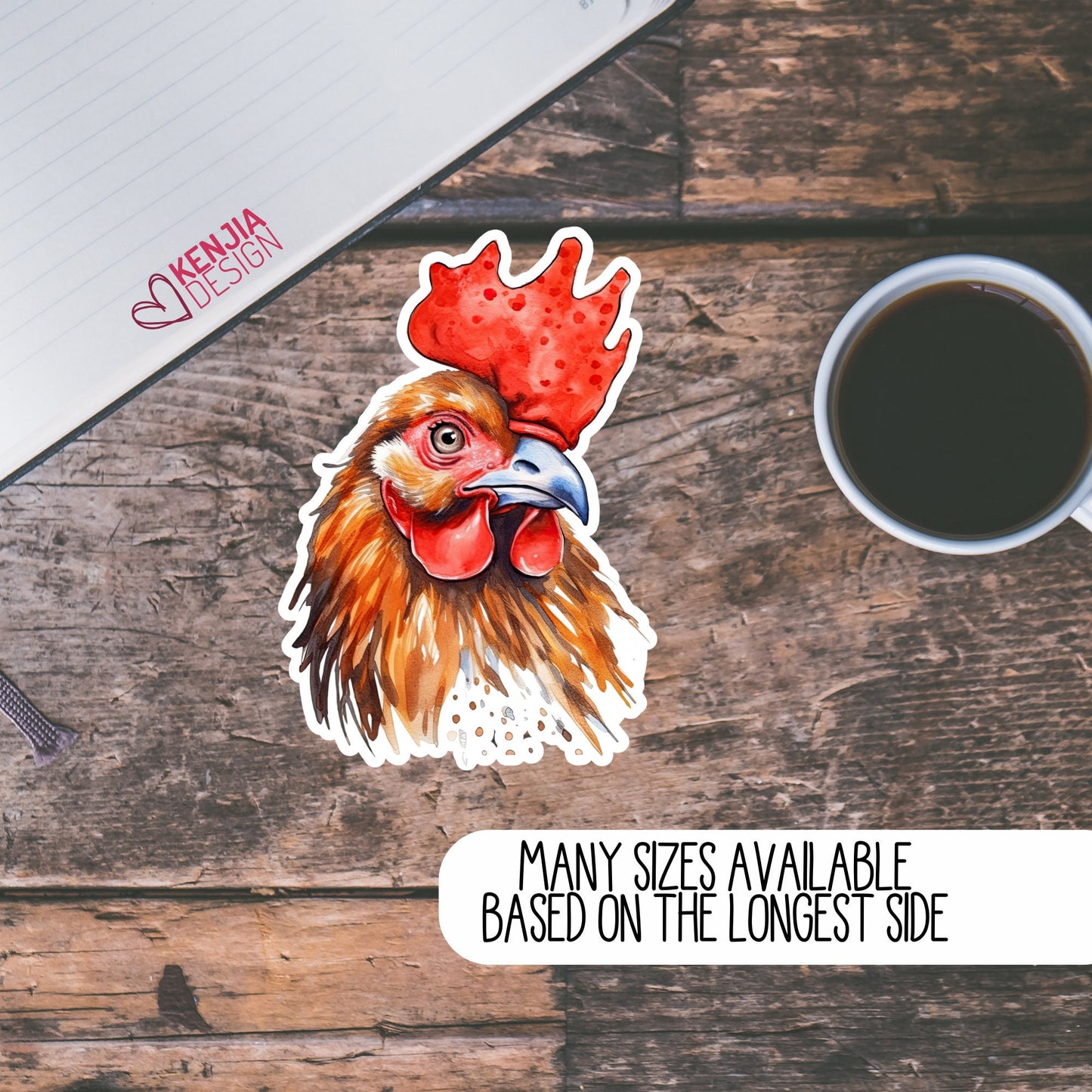 Cute Funny Rooster Chicken Stickers  | Watercolor Waterproof Sticker Farm for Planner Kindle Laptop Water Bottle Fridge Magnet