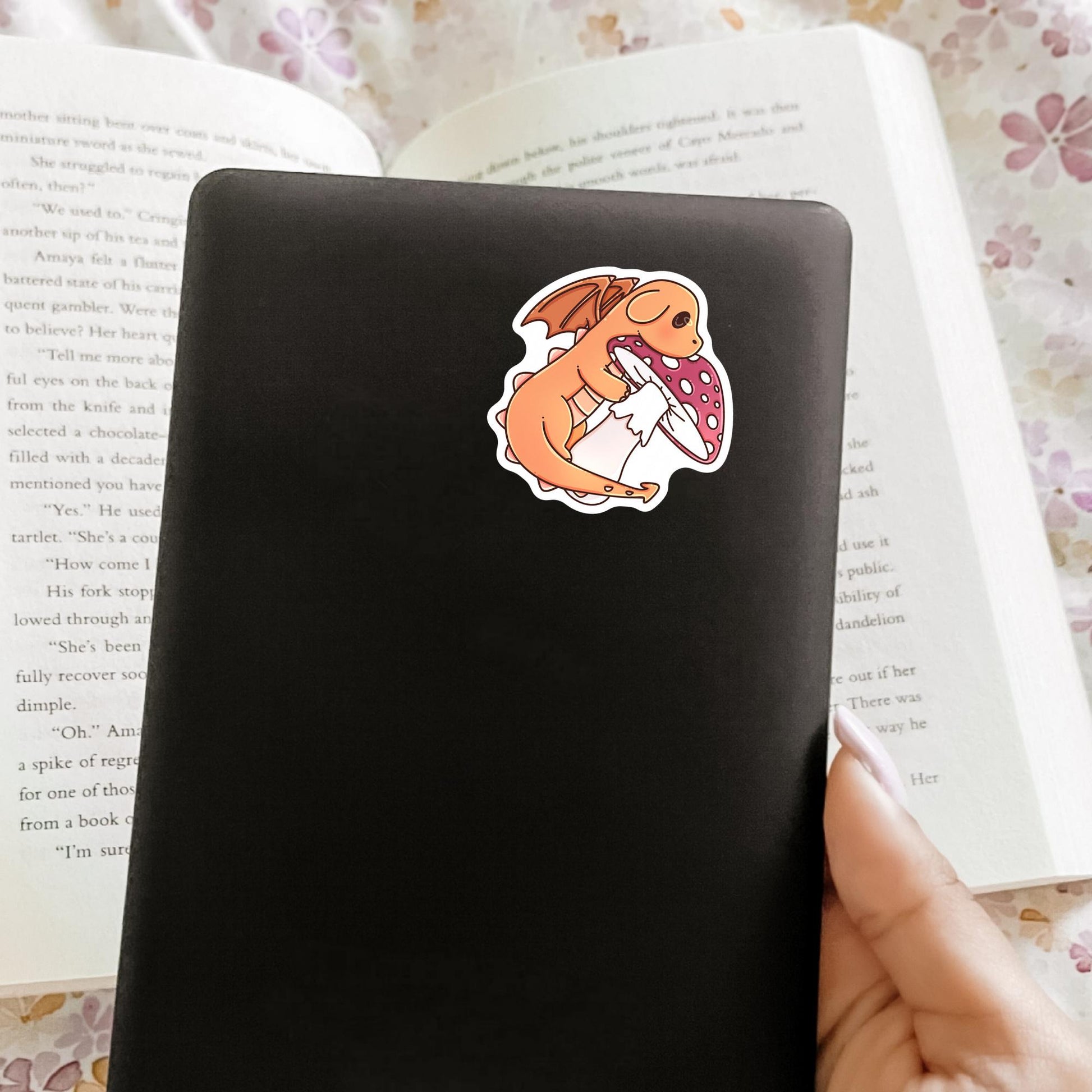 Autumn orange dragon book lover sticker lifestyle photo, cozy fall die-cut waterproof sticker for Kindle and planner decoration