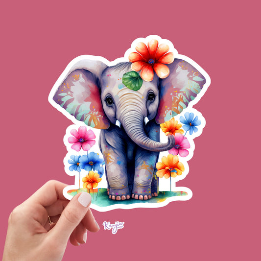 Cute handmade Vintage Baby Elephant Sticker with flowers and Watercolor Effect in Vinyl, Waterproof for planner, book , laptop stickers