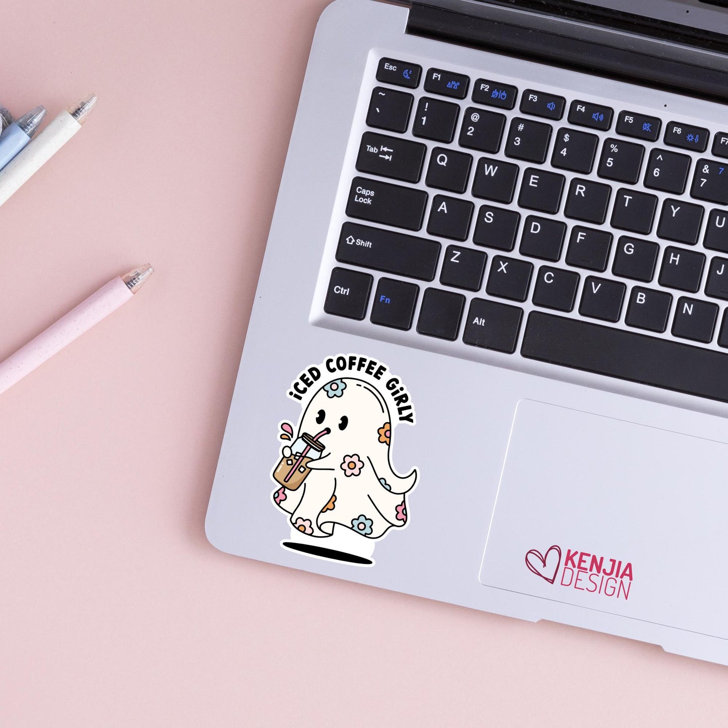Cute Halloween Iced Coffee Girly Ghost Stickers / Spooky Vibes Season / Floral Ghost Stickers / Laptop & Kindle Stickers