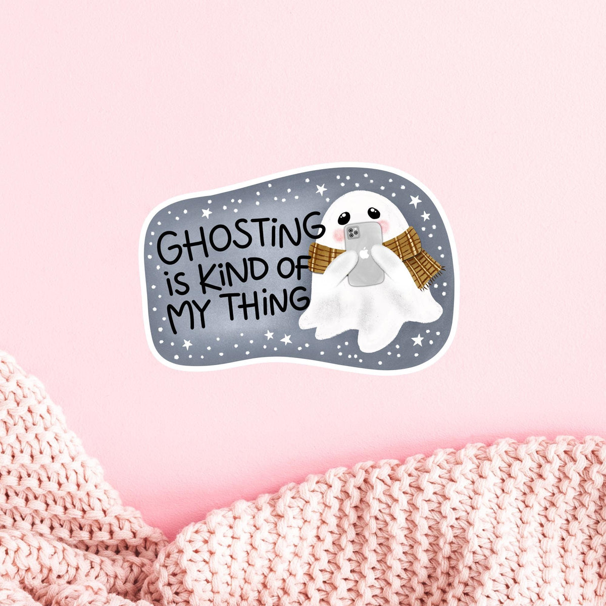 Ghosting Is Kind Of My Thing cute waterproof vinyl sticker on a pink striped background, funny phone and planner decal gift for sarcastic friends