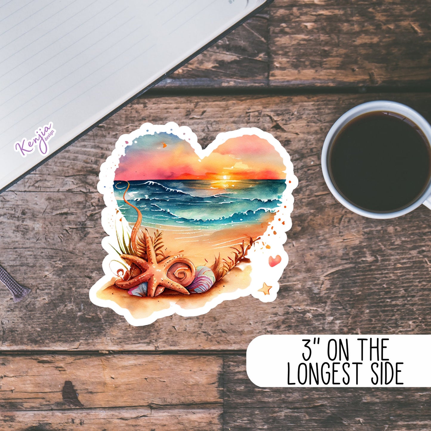 Sunset at the Beach in Heart with Watercolor Effect Sticker and Magnet, for gift, Waterproof Vinyl stickers for planner, book , laptop