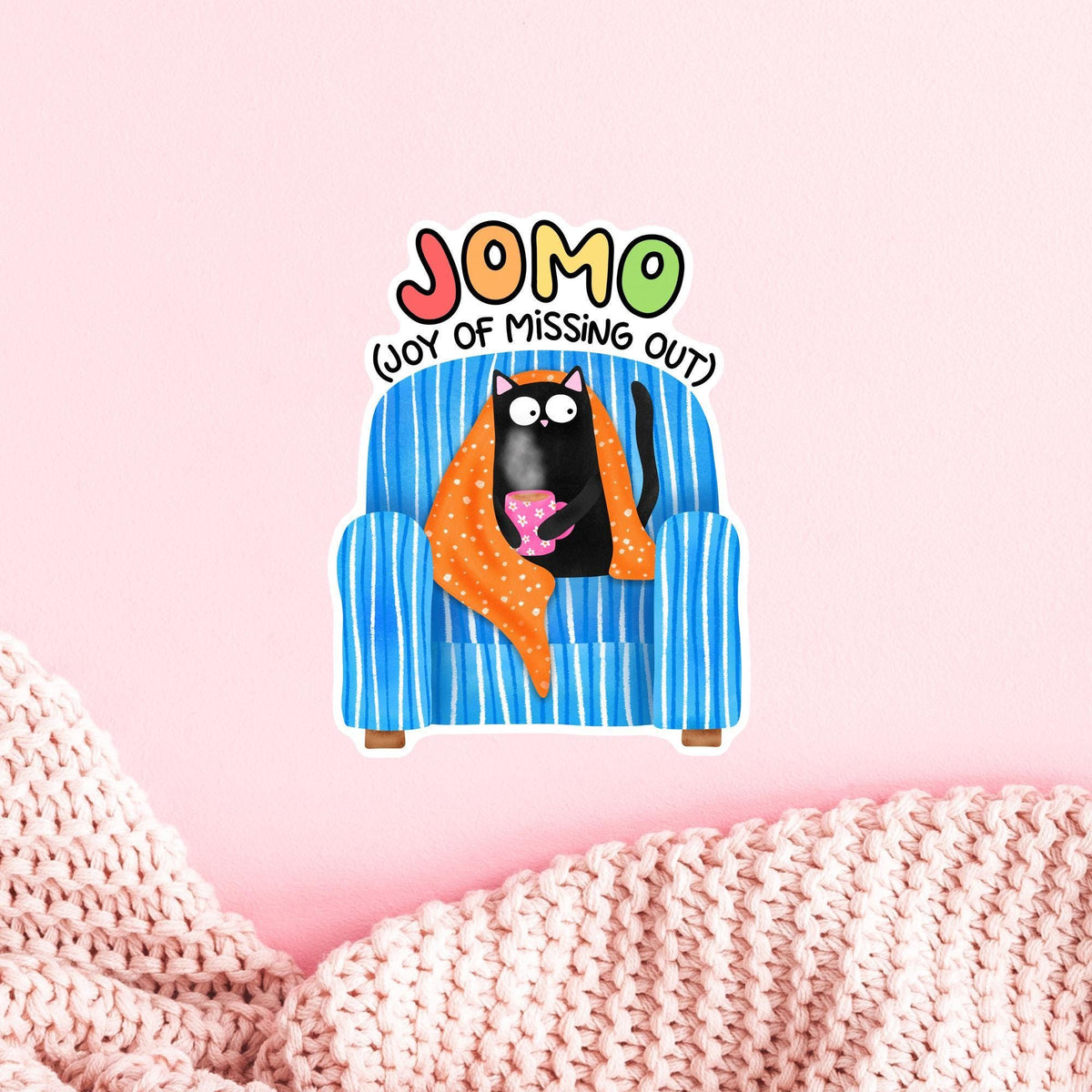 JOMO Sticker / Joy Of Missing Out Gift / Cozy Cat Decal / Introvert Humor / Stay Home Club / Homebody Present Idea / Black Kitty Art