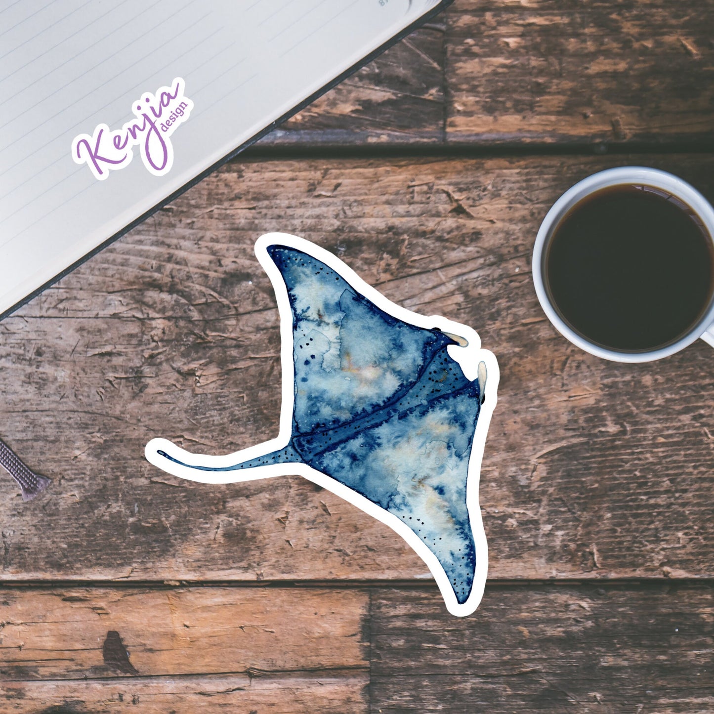 Cute handmade Sea Ray Sticker with watercolor effect, Waterproof and Dishwasher Safe Vinyl Sticker for gift, planner, book, laptop stickers