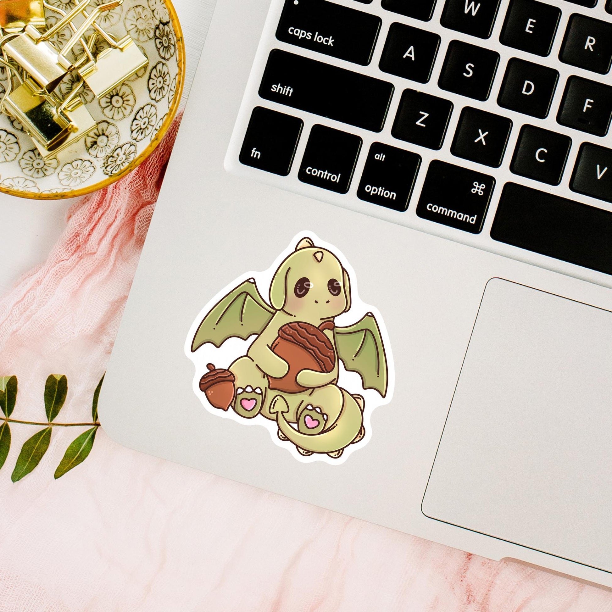 Autumn Green Dragon sticker on a phone case, cozy fall fantasy aesthetic vinyl sticker gift for bibliophiles and dragon fans