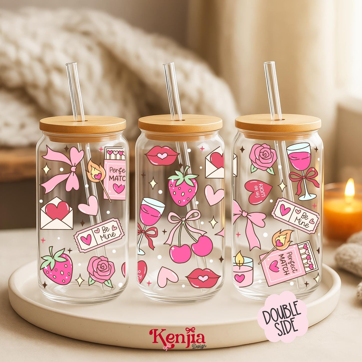 Romantic Day 16 OZ Glass Can With Lid & Straw / Valentine Day / Lover Gift / Be Mine Perfect Match / UV Dtf Libbey Wrap Transfert