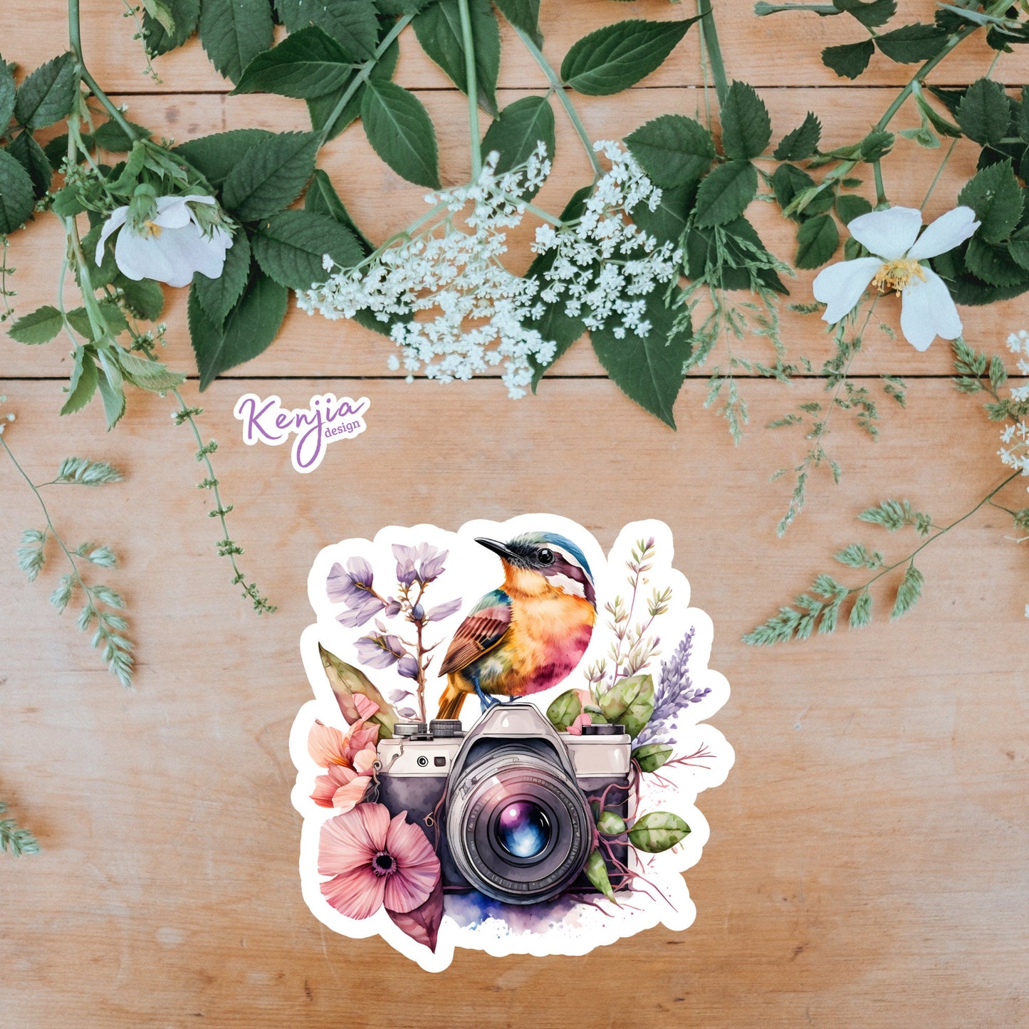 Floral Camera with Bird Watercolor Sticker and Magnet, Waterproof Handmade cute Vinyl Stickers for gift, planner, book and laptop
