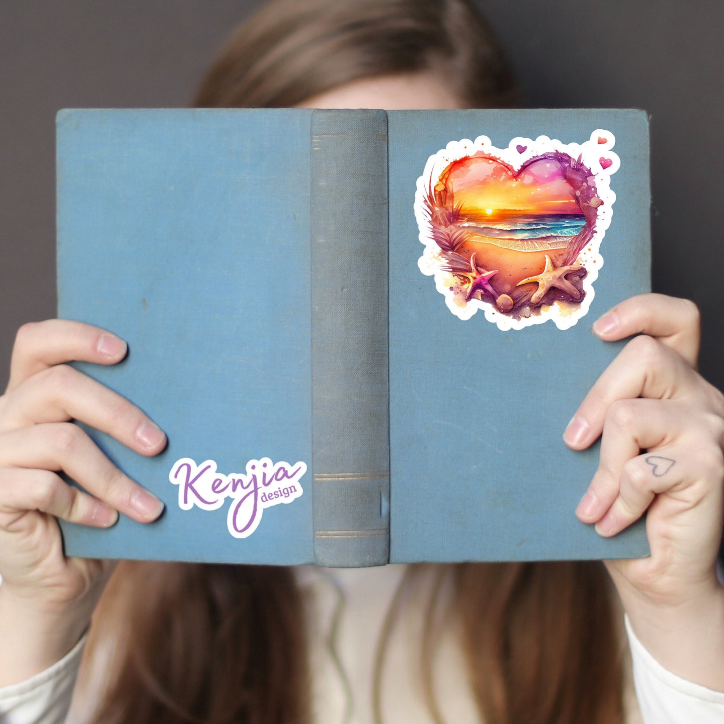 Sunset at the Beach in Heart with Watercolor Effect, for gift, Waterproof Dishwasher Safe Vinyl stickers for planner, book , laptop stickers