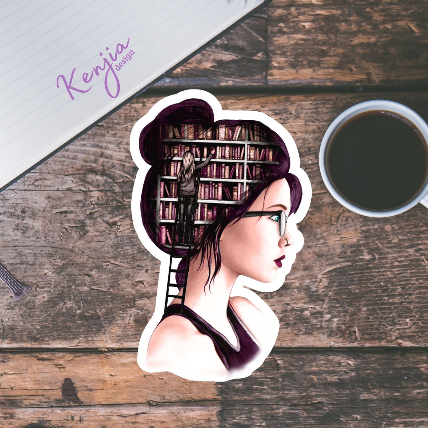 Goth Girl reading book with books in her head Sticker and Magnet, Waterproof Handmade Vinyl Stickers for gift, planner, laptop stickers
