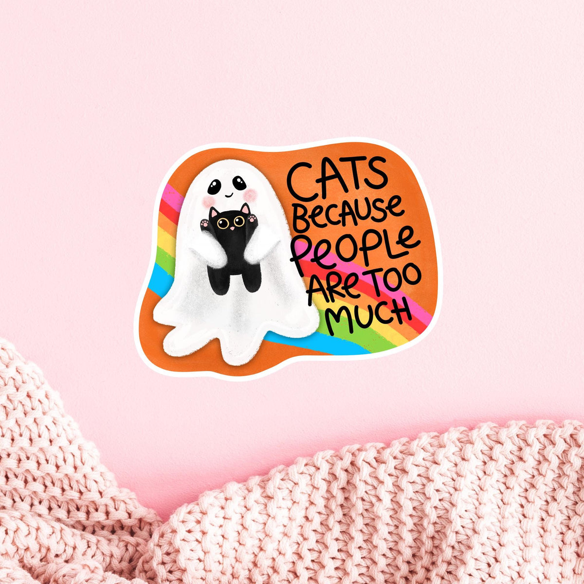 Funny ghost cat vinyl sticker on a pink background, cute holographic and matte finish decal, stocking stuffer gift for cat lovers