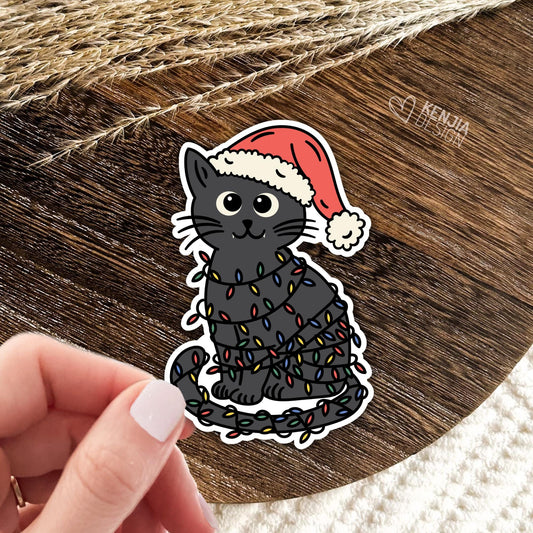 Christmas Cat Stickers / Black Cat Lovers Gifts / Cute Kitty / Water Bottle Stickers / Laptop & Kindle Stickers