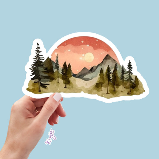 Cute Handmade Lanscape Mountains Sticker and Magnet, watercolor effect, Waterproof Vinyl Sticker for gift, planner, book, laptop