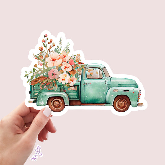 Vintage Truck Watercolor with Flowers Sticker and Magnet, Waterproof Vinyl Sticker for gift, planner, book, laptop stickers