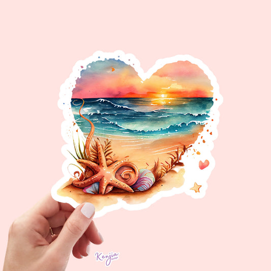 Sunset at the Beach in Heart with Watercolor Effect Sticker and Magnet, for gift, Waterproof Vinyl stickers for planner, book , laptop