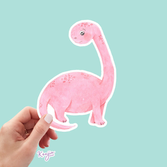 Cute Handmade Pink Dino Girl Sticker, watercolor effect, Waterproof and Dishwasher Safe Vinyl Sticker for gift, planner, book, laptop
