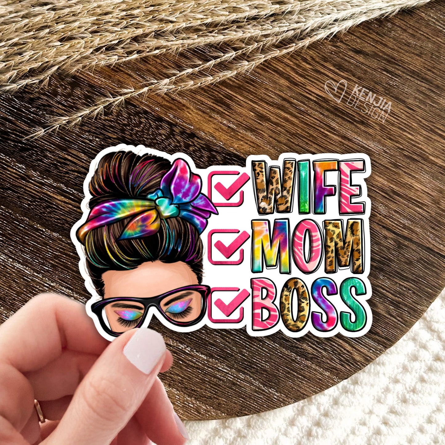 Wife Mom Boss Stickers  / Messy Bun / Western Mother's Day Gifts / Mama Funny Quote /  Mom Life / Motherhood Stickers