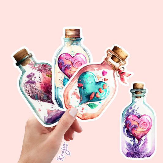 4 pcs Sticker Pack Valentine Day Heart Bottle , Waterproof and Dishwasher Safe Handmade cute Vinyl Sticker for gift, planner, book, laptop