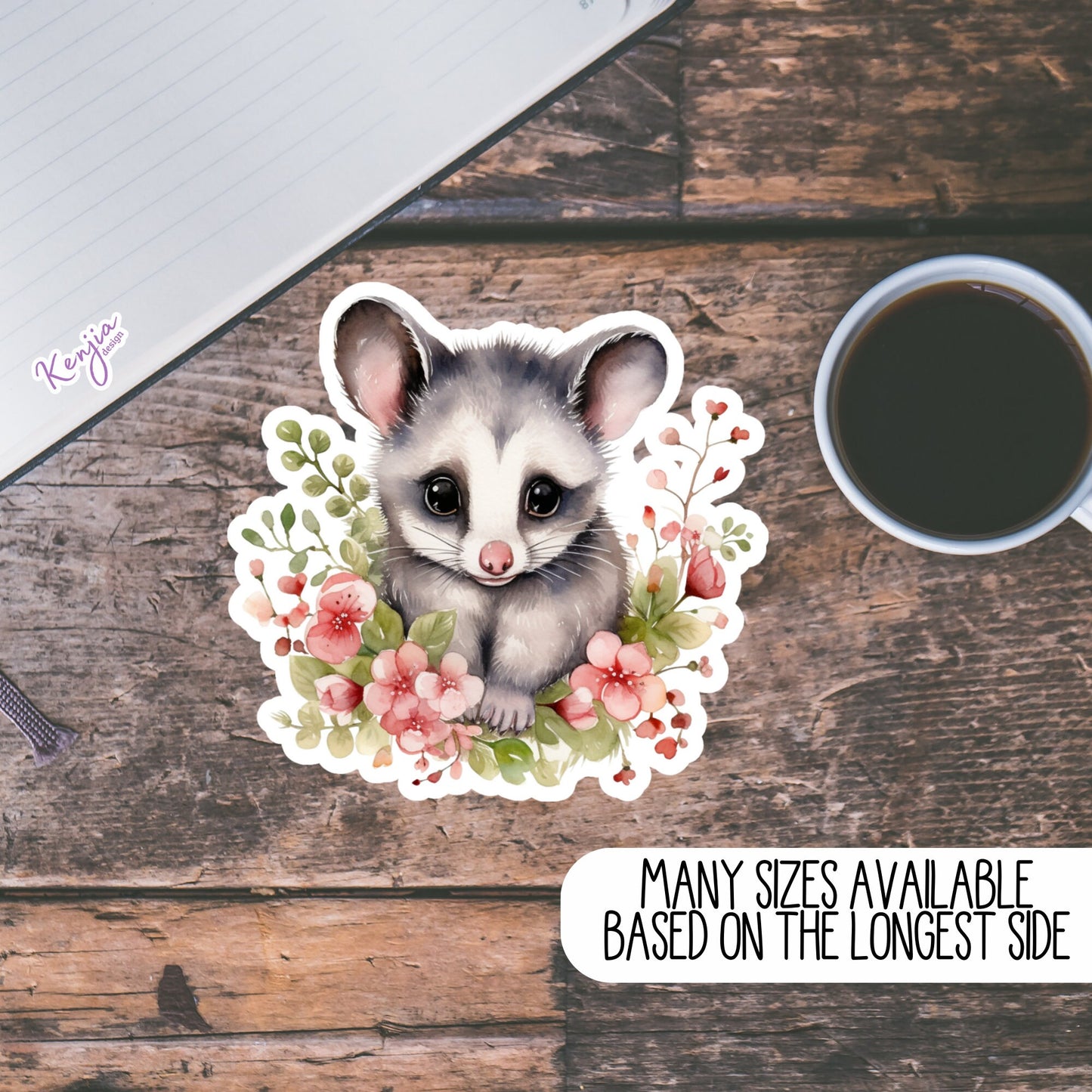 Cute handmade Possum Sticker and Magnet with Flowers, Watercolor Style, Waterproof Vinyl for gift, planner, book, laptop stickers