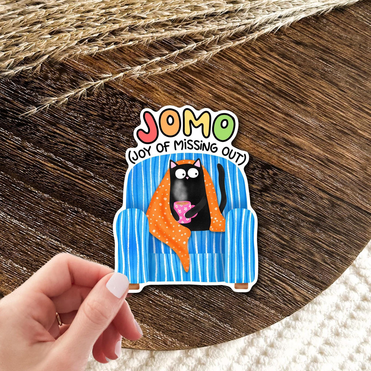 JOMO Sticker / Joy Of Missing Out Gift / Cozy Cat Decal / Introvert Humor / Stay Home Club / Homebody Present Idea / Black Kitty Art