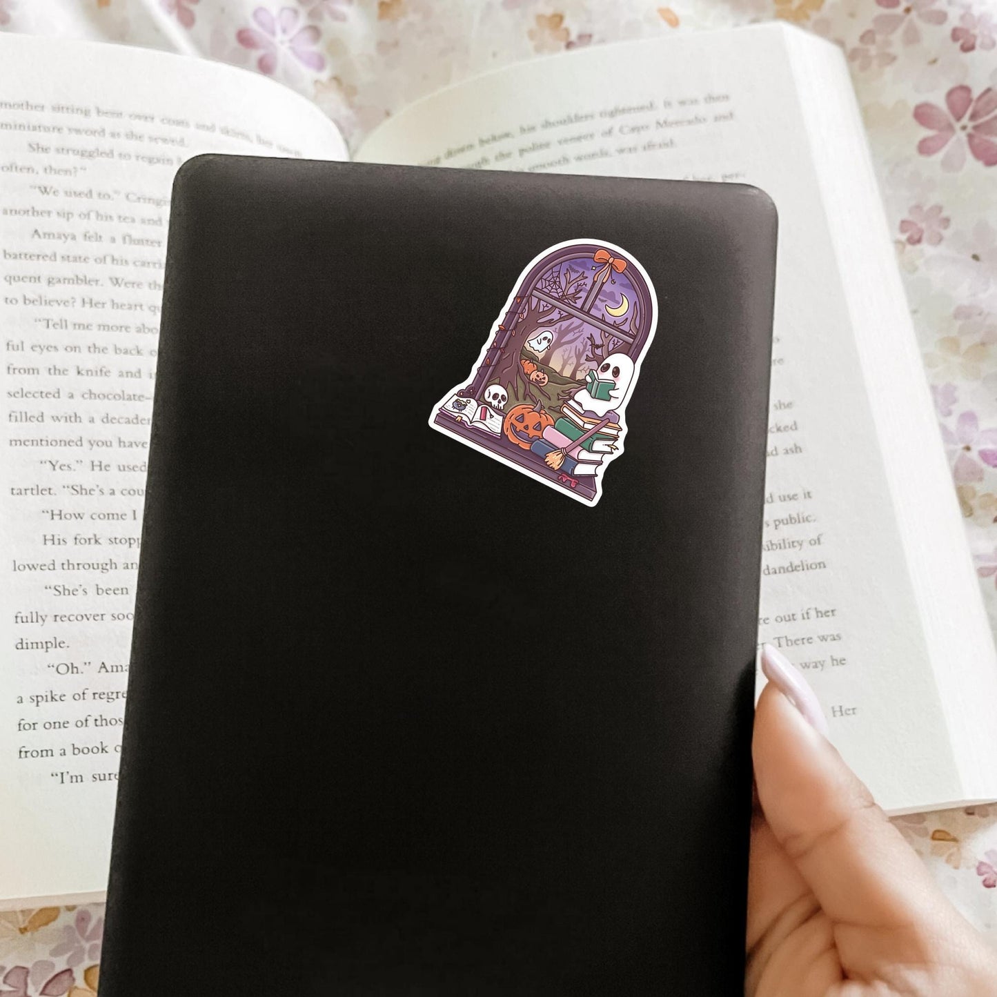 Halloween Window Sticker / Spooky Autumn Decal / Witch Aesthetic Gift / Gothic Vibes / Cute Bookish Present for Her / October Scene