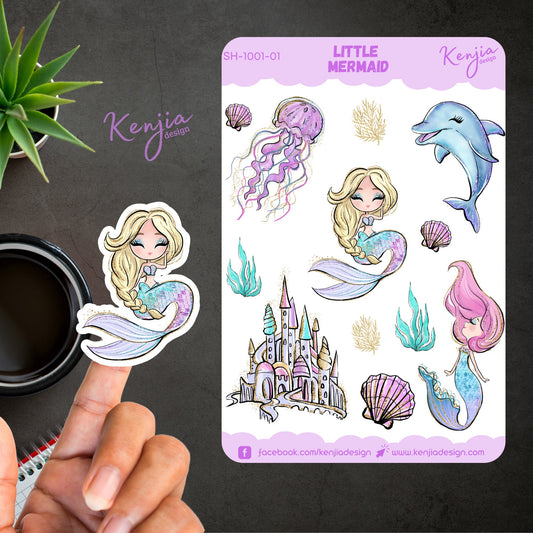 Beautiful Mermaid Sticker Sheet with Jellyfish Sea, Handmade cute Vinyl Sticker for gift, planner, book and laptop stickers