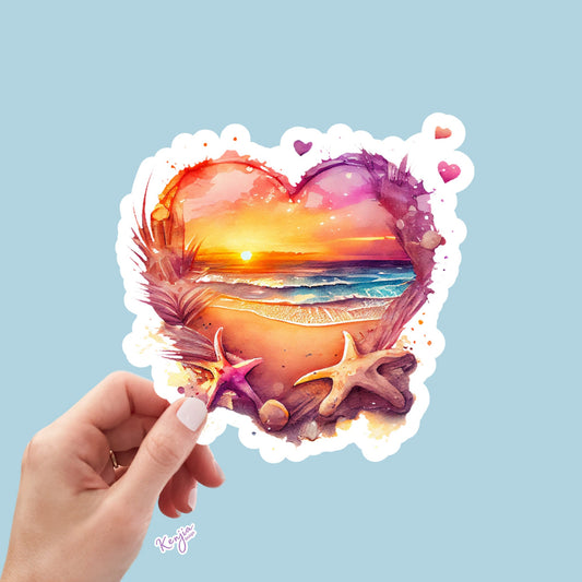 Sunset at the Beach in Heart with Watercolor Effect, for gift, Waterproof Dishwasher Safe Vinyl stickers for planner, book , laptop stickers