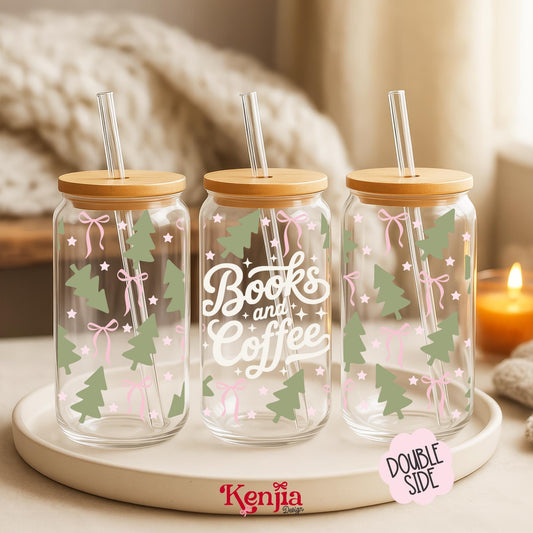 Books And Coffee 16 OZ Glass Can With Lid & Straw / Booktok / Book Lover Gift / Water Bottle / Bookish Merch / UV Dtf Libbey Wrap Transfert