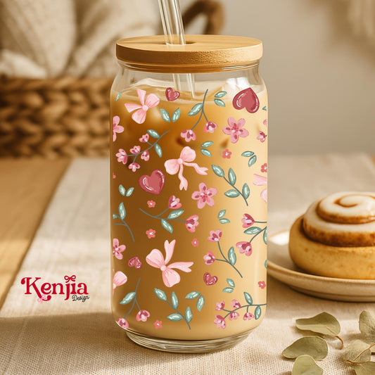 Red Heart Floral 16 OZ Glass Can With Lid & Straw / Cute Bow / Iced Coffee Drinkware / Aesthetic Girly Gift / UVDTF Libbey Wrap Transfert