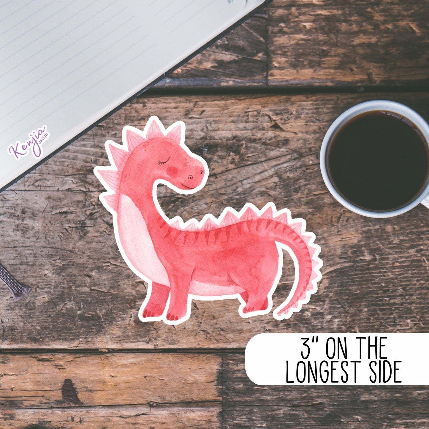Cute Handmade Pink Dino Girl Sticker, watercolor effect, Waterproof and Dishwasher Safe Vinyl Sticker for gift, planner, book, laptop