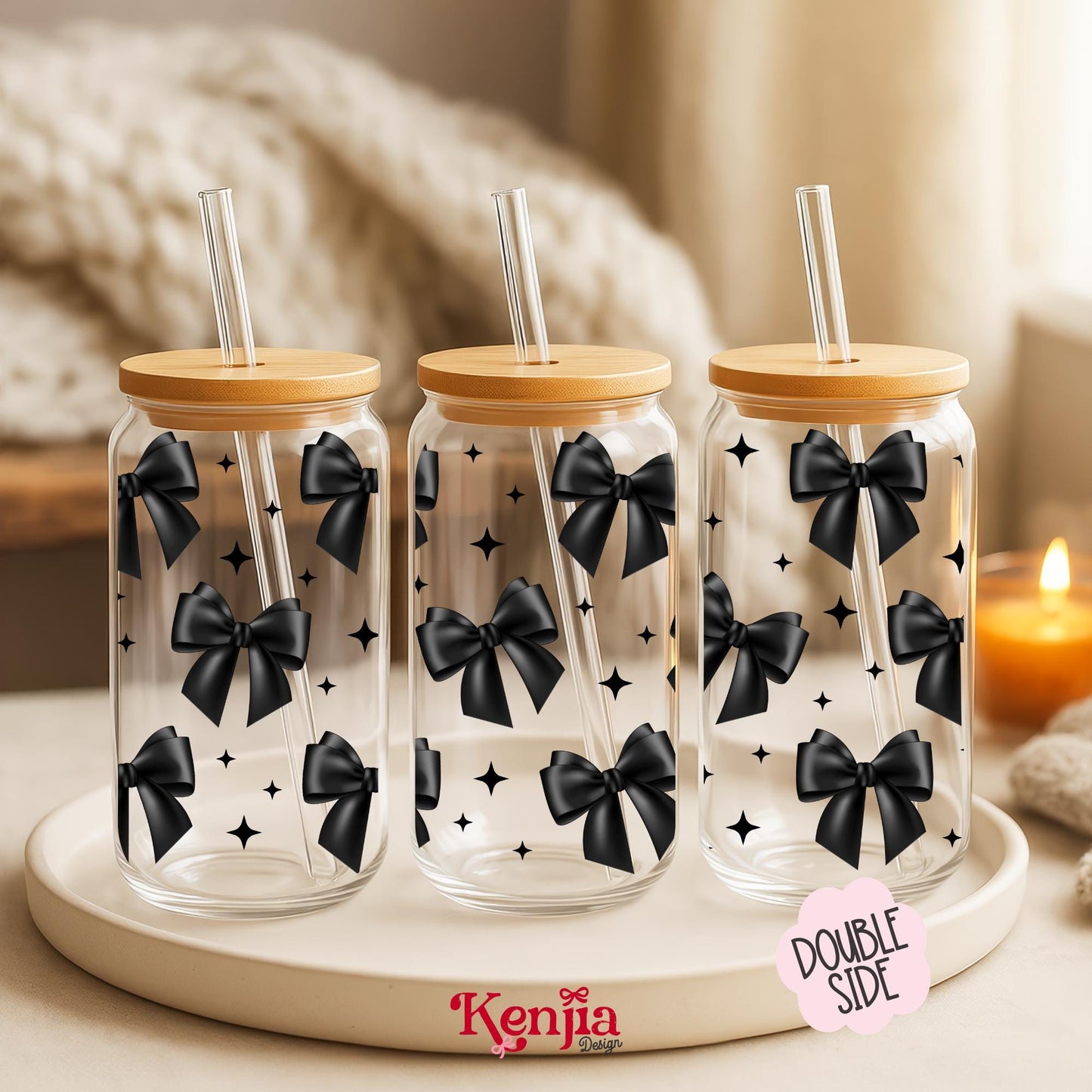 Black Bows 16 OZ Glass Can With Lid & Straw / Coquette Wrap / Water Bottle / Bookish Merch / UV Dtf Libbey Wrap Transfert