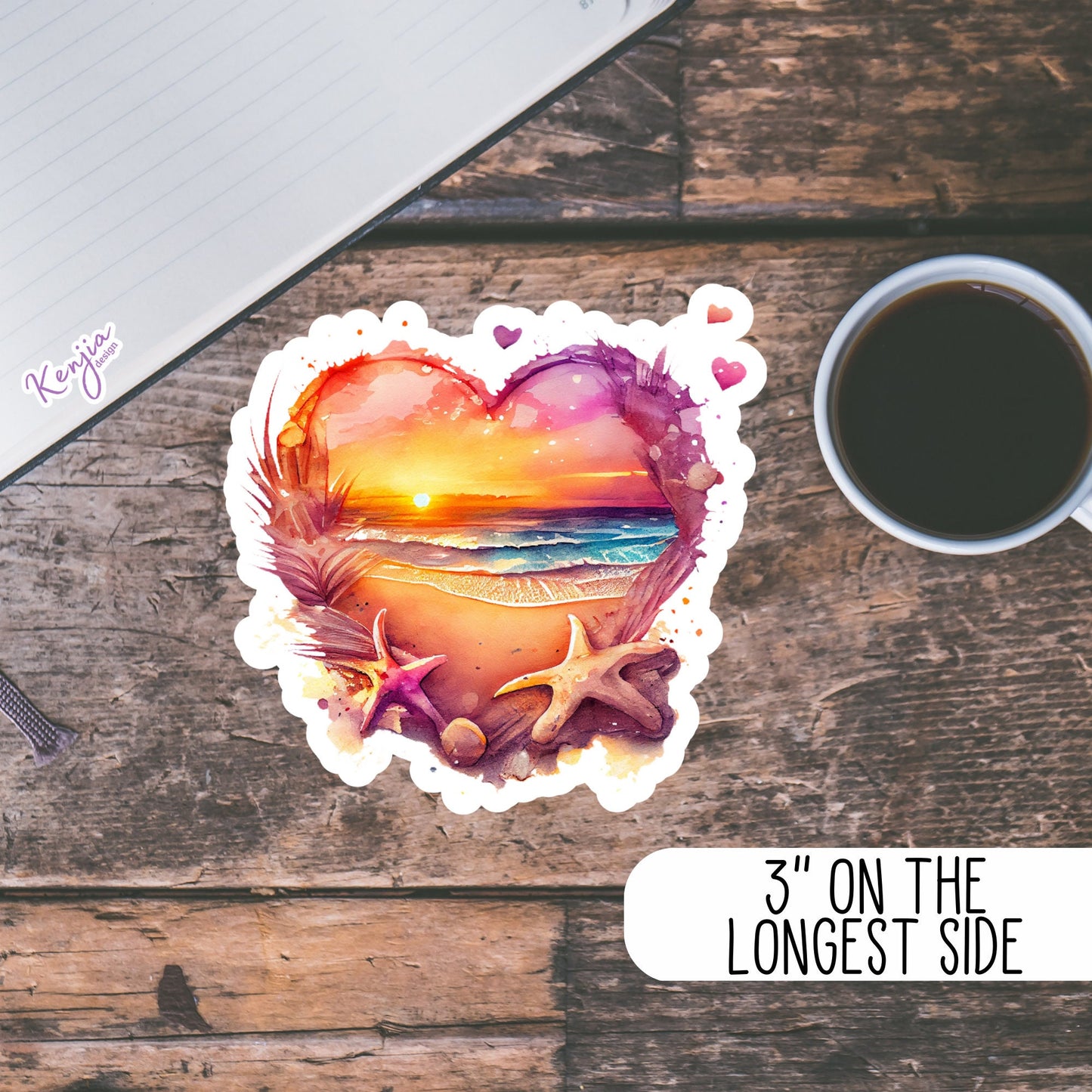 Sunset at the Beach in Heart with Watercolor Effect, for gift, Waterproof Dishwasher Safe Vinyl stickers for planner, book , laptop stickers