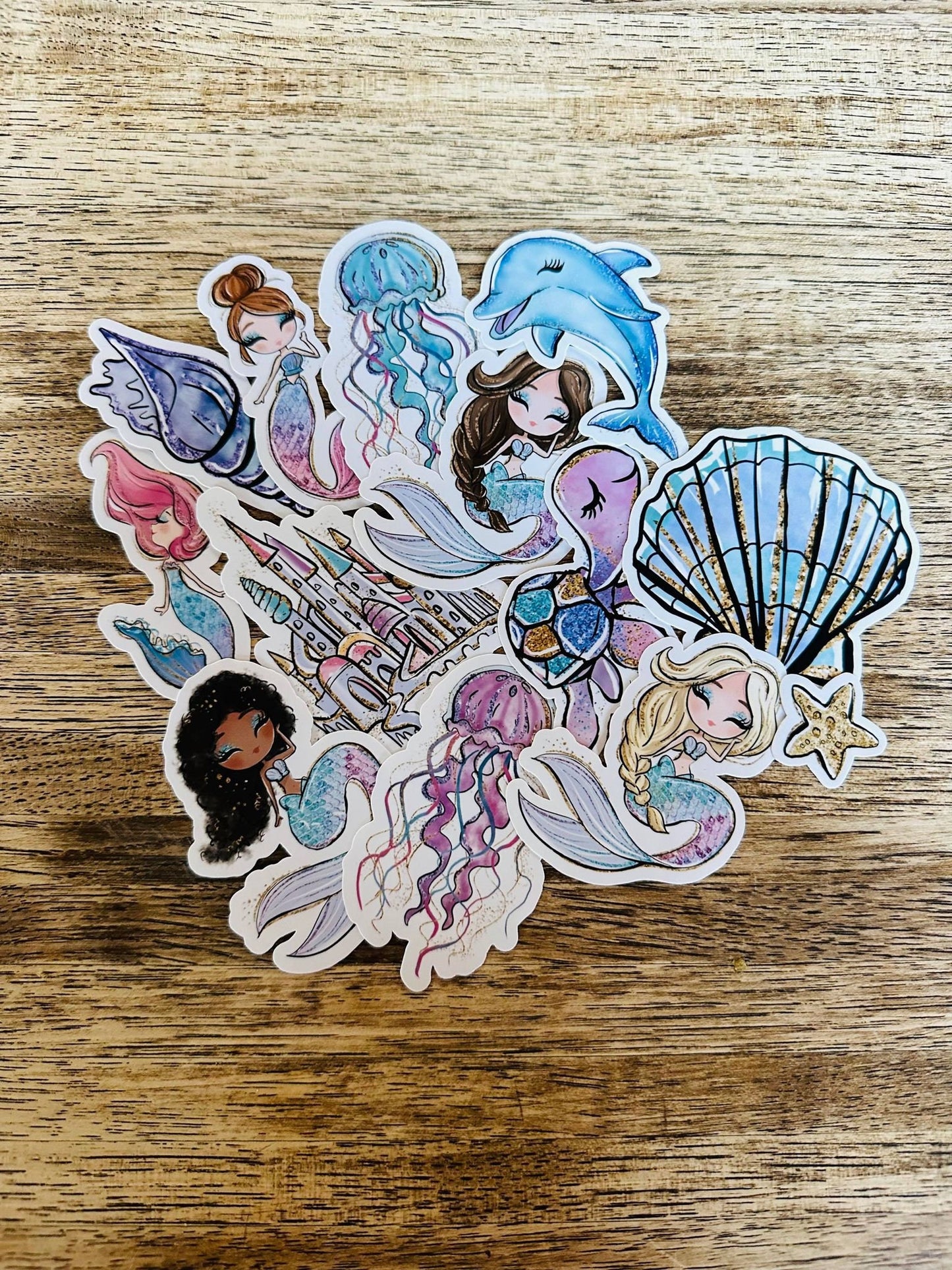 14 pcs Sticker Pack Mermaid, Jellyfish, Dolpin, Handmade cute Vinyl Stickers for gift, planner, book, laptop
