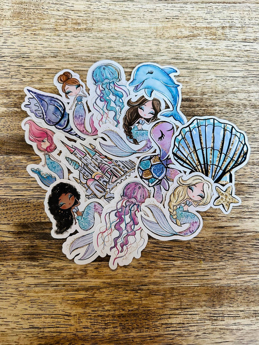 14 pcs Sticker Pack Mermaid, Jellyfish, Dolpin, Handmade cute Vinyl Stickers for gift, planner, book, laptop