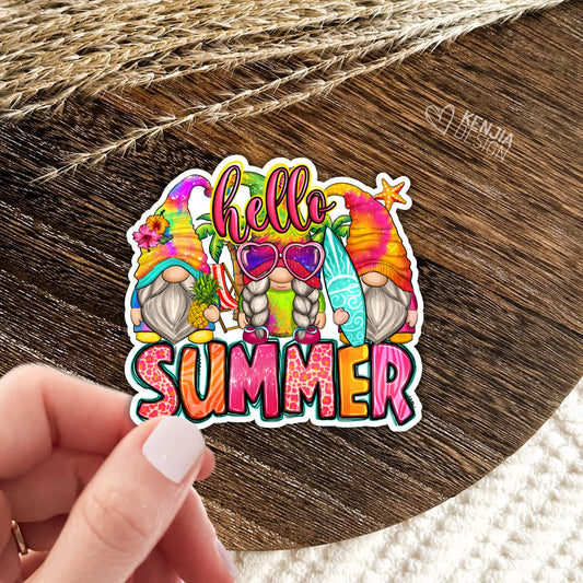 Hello Summer Gnomes Stickers / Sweet Summer Time Sticker / Hello Sunshine Vacation / Surf Gnome / Girl Gnome Stickers / Vacay Beach Sticker
