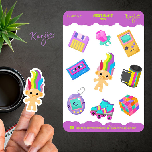 Nostalgic 90's Retro Sticker Sheet, Handmade cute Vinyl Sticker for gift, planner, book and laptop stickers
