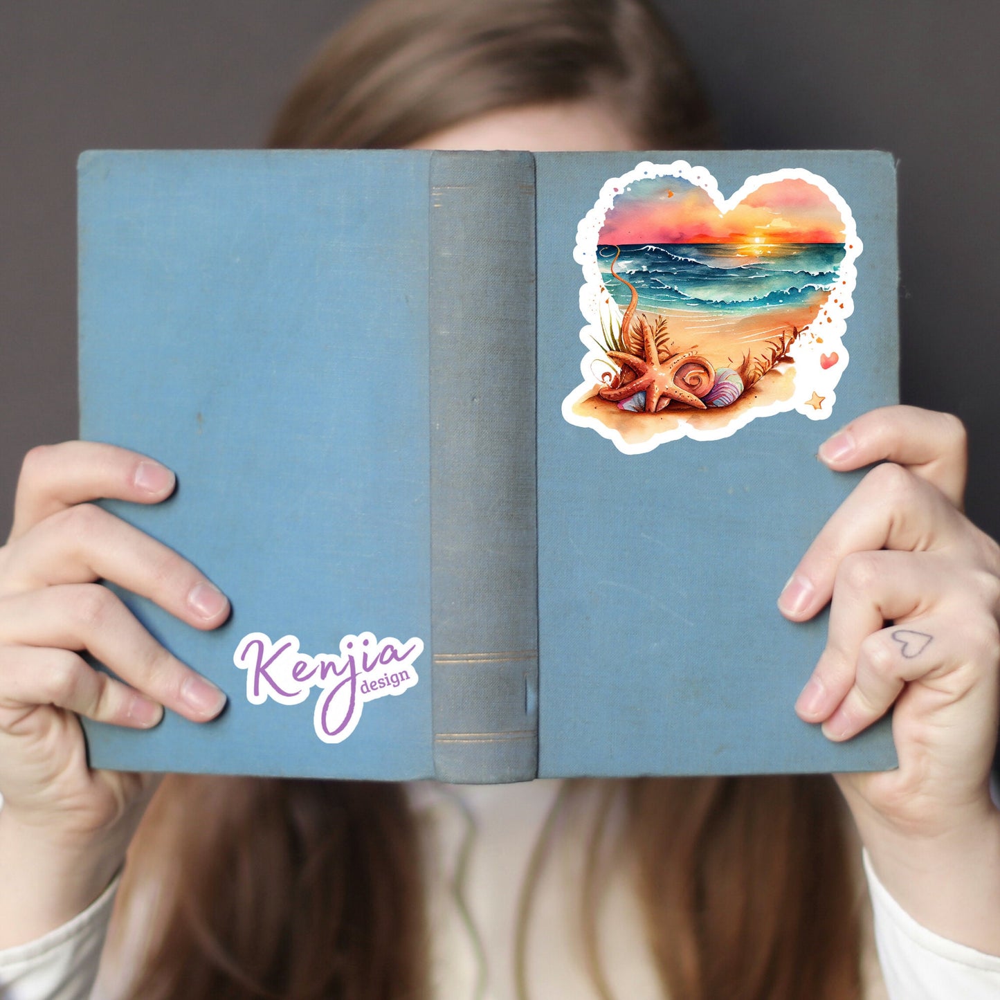 Sunset at the Beach in Heart with Watercolor Effect Sticker and Magnet, for gift, Waterproof Vinyl stickers for planner, book , laptop