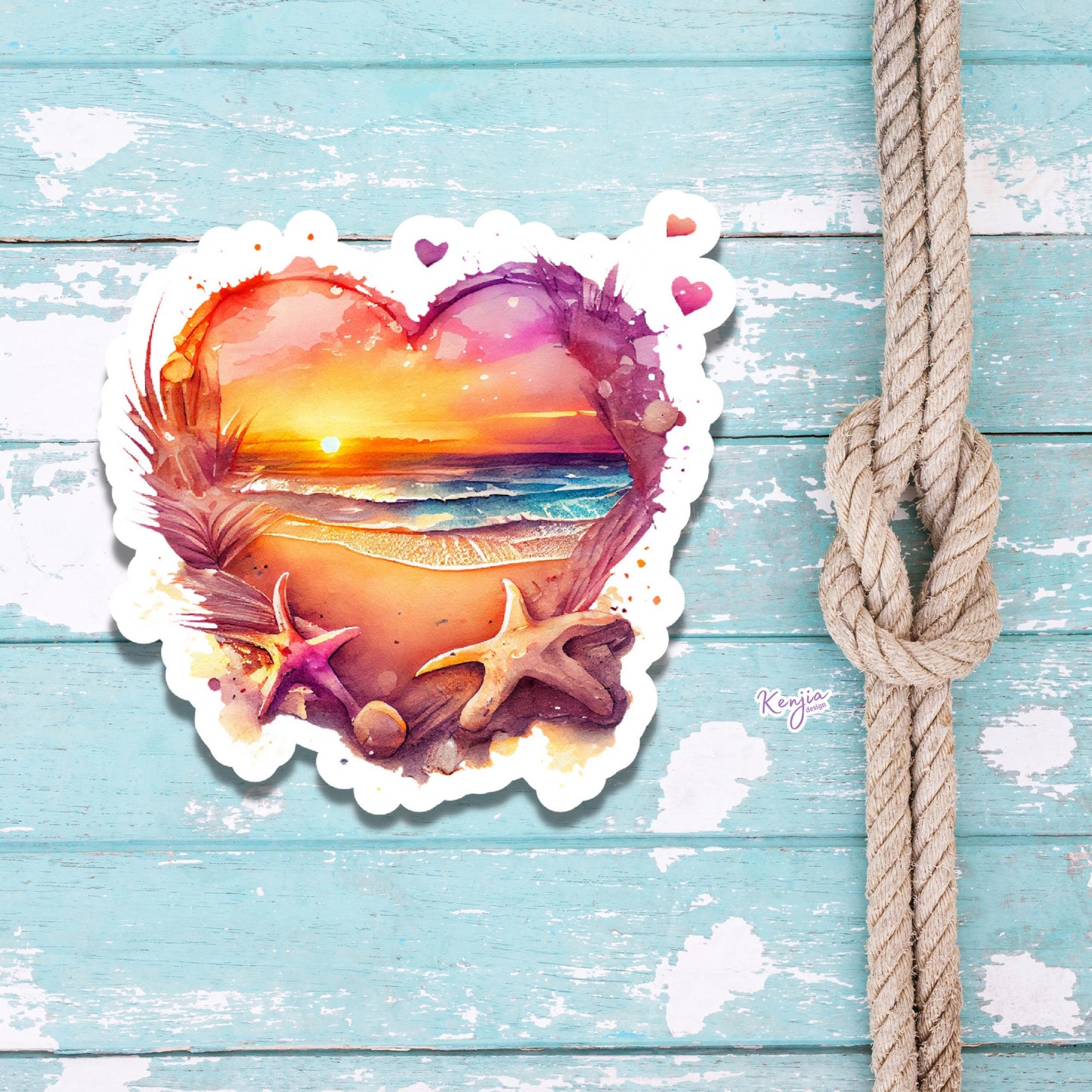 Sunset at the Beach in Heart with Watercolor Effect, for gift, Waterproof Dishwasher Safe Vinyl stickers for planner, book , laptop stickers