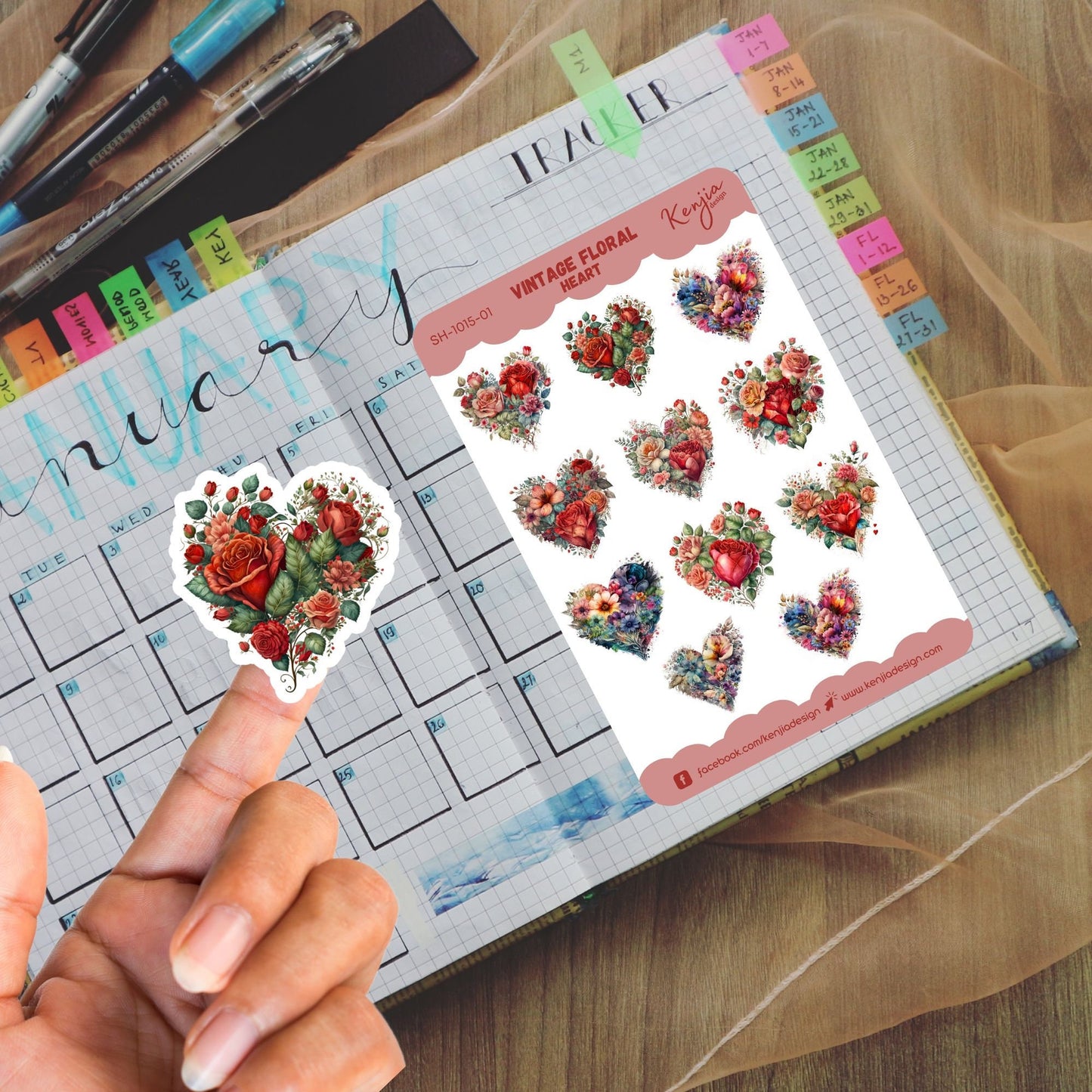 Beautiful Vintage Floral Heart Sticker Sheet, Handmade cute Vinyl Sticker for gift, planner, book and laptop stickers