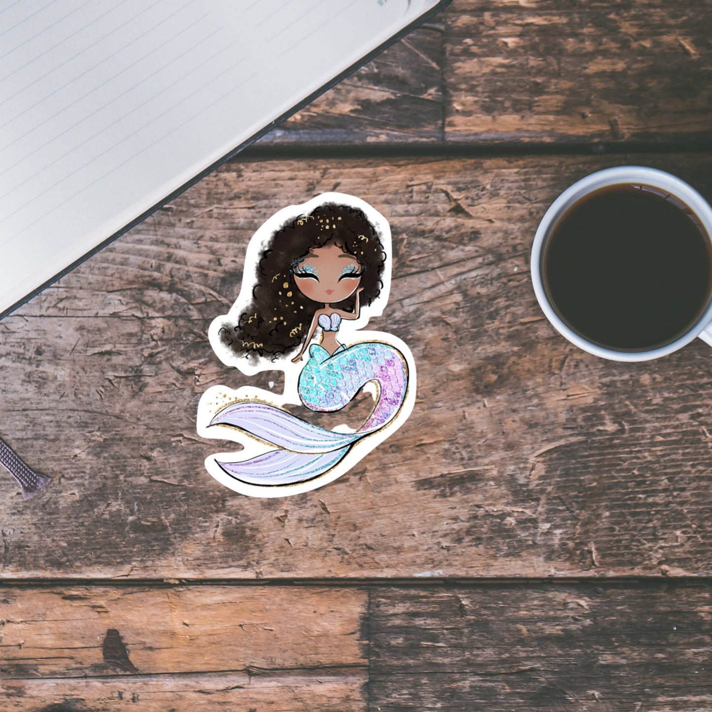 Black Mermaid Sticker with Brown Hair, Cute Girly sticker, Waterproof Dishwasher Safe Handmade Vinyl Sticker gift, planner, laptop stickers