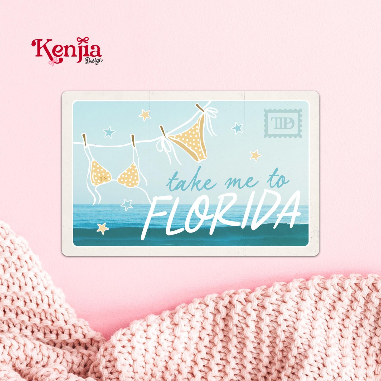 Florida Sticker, Take Me to Florida Beach Vacation Decal, Summer Travel Postcard Sticker, Bikini Ocean Laptop Water Bottle