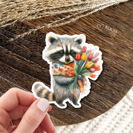 Raccoon With Summer Flowers Stickers  / Watercolor Tulip Stickers / Cute Animal Sticker / Gift, Waterbottle, Laptop, Kindle Sticker