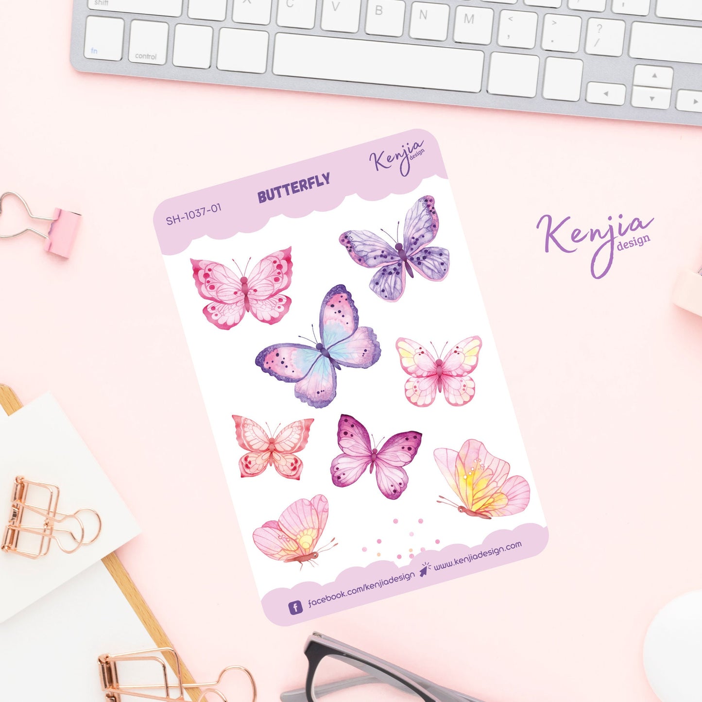 Pink Watercolor Butterfly Stickers Sheet / Sticker Sheet, Handmade cute Vinyl Sticker for gift, planner, book and laptop stickers