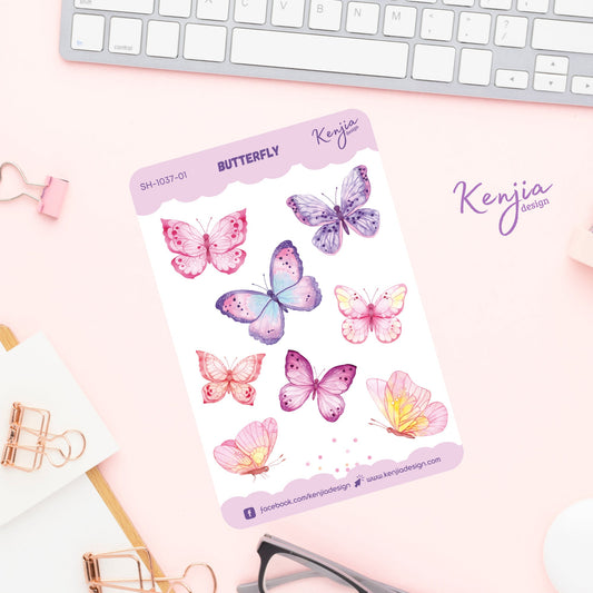 Pink Watercolor Butterfly Stickers Sheet / Sticker Sheet, Handmade cute Vinyl Sticker for gift, planner, book and laptop stickers