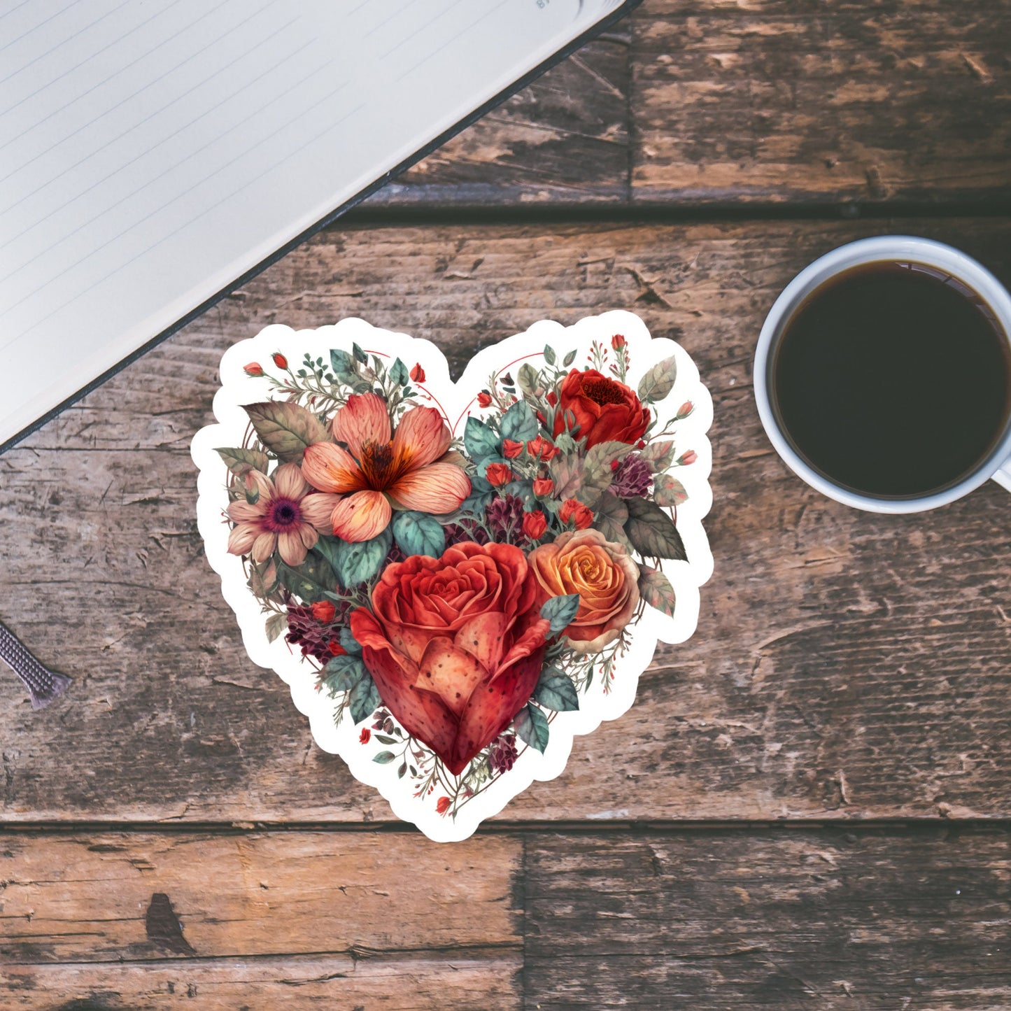 Beautiful Vintage Floral Heart, Waterproof and Dishwasher Safe Handmade cute Vinyl Sticker for gift, planner, book and laptop stickers