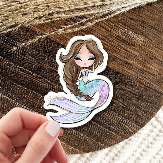 Cute Mermaid Stickers  / Brown Hair / Waterproof Dishwasher Safe / Handmade Vinyl Sticker gift / For Planner, Kindle, Laptop
