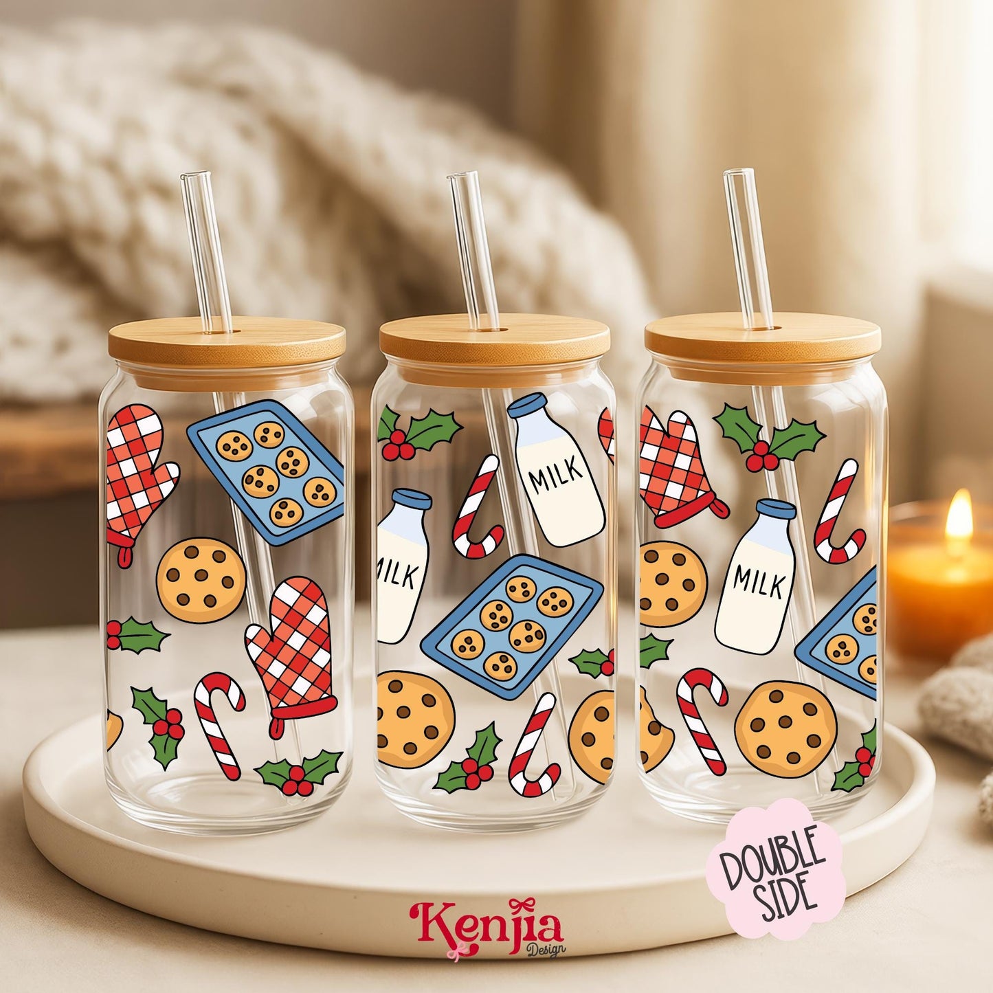 Christmas Cookies 16 OZ Glass Can With Lid & Straw / Santa Glass / Book Lover Gift / Water Bottle / UV Dtf Libbey Wrap Transfert